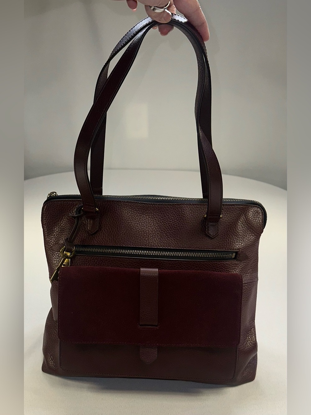 Fossil Kinley Leather and Suede Shopper Tote Claret Red Wine Burgundy Like New